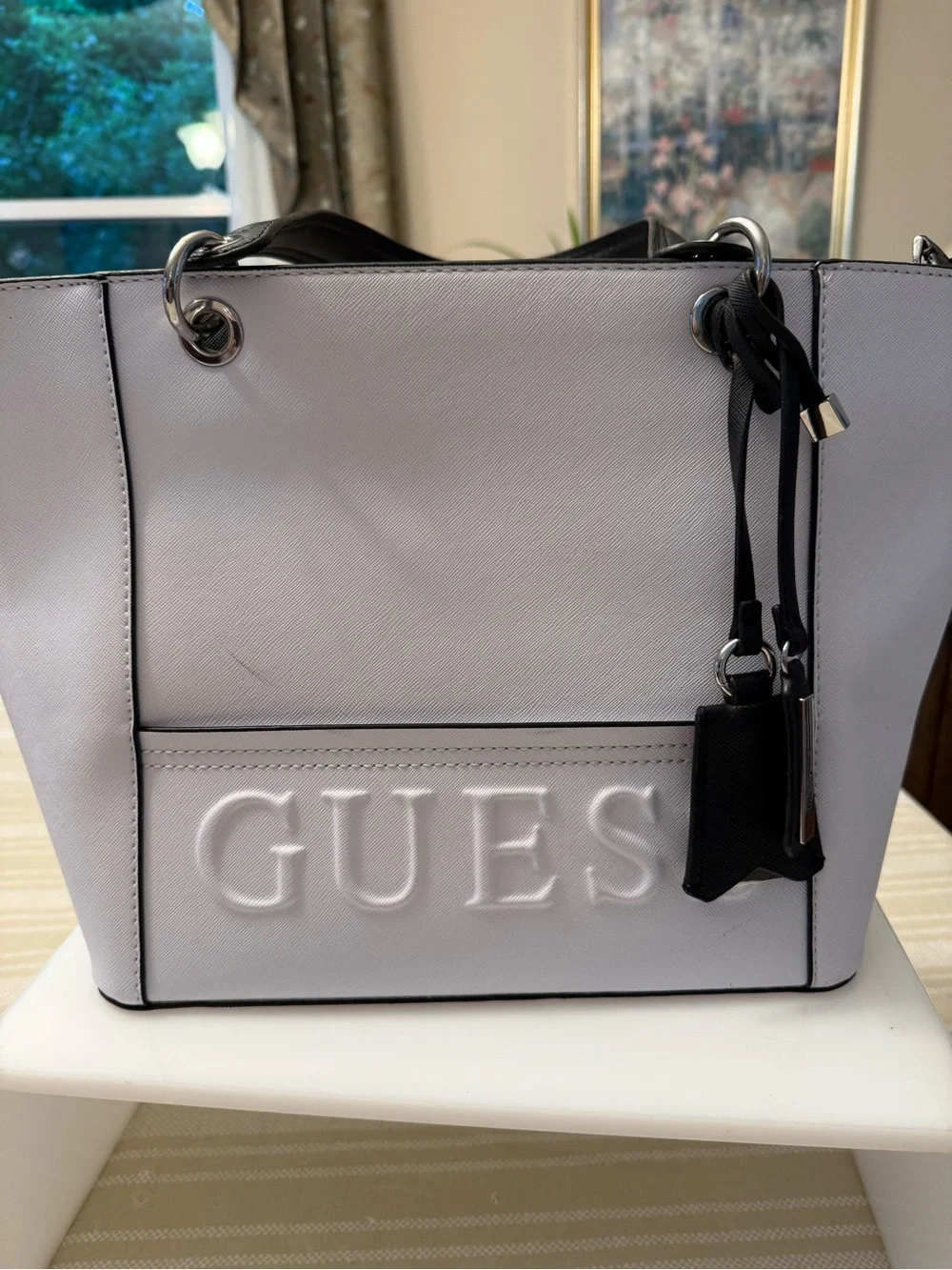 GUESS White Tote with Black Trim and Silver Hardware